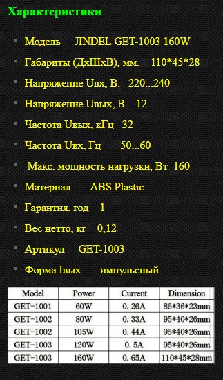 Электронный трансформатор для галогенных ламп 12В купить transformer Jindel 160W GET-1003